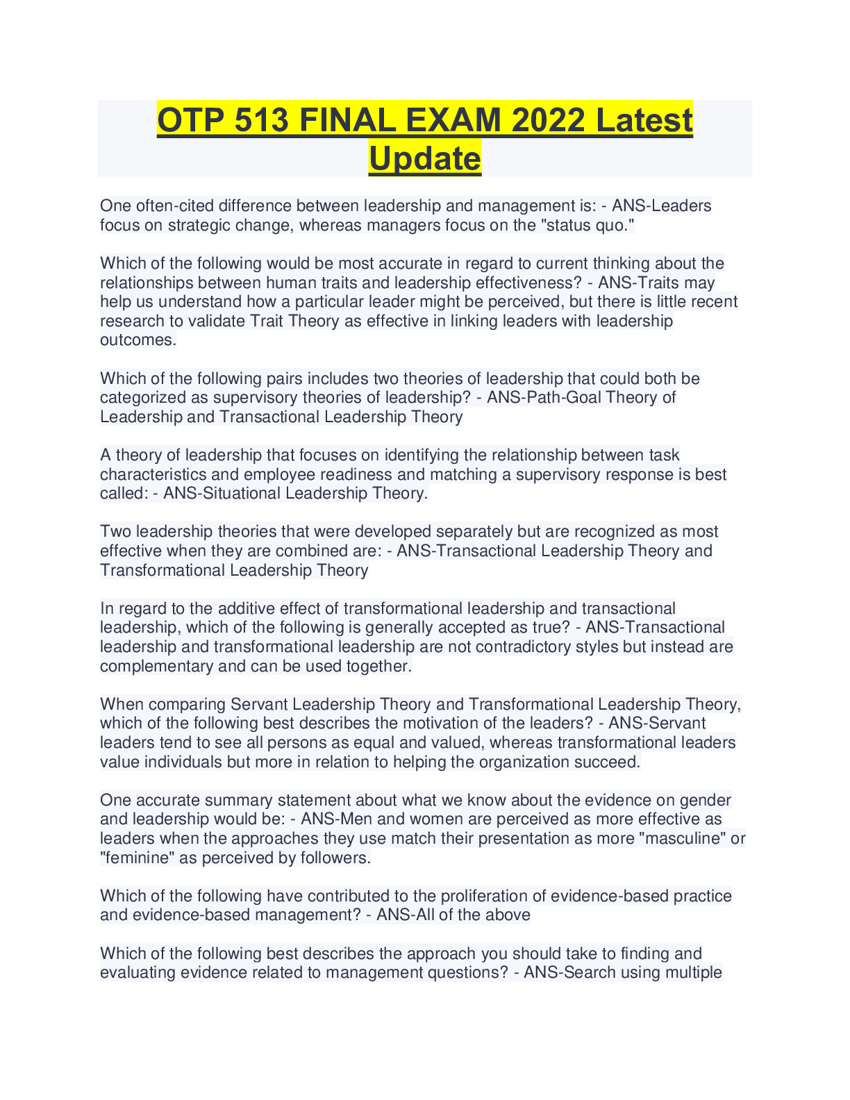 Preview image for OTP 513 FINAL EXAM 2022 Latest  Update